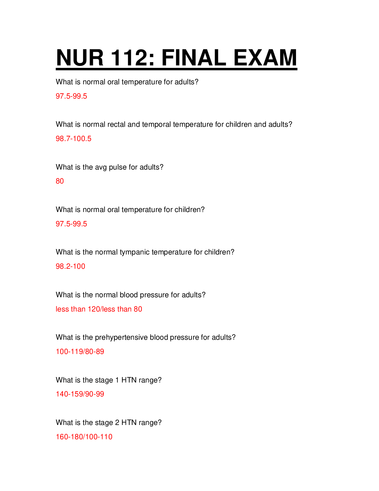 Preview of NUR 112 / NUR112 FINAL EXAM. QUESTIONS WITH 100% CORRECT ANSWERS.